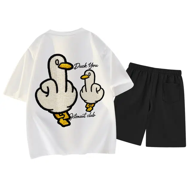 海底小纵队 美式高街创意个性大白鸭手写艺术感字母印花极简风基础款圆领打底衫套头短袖直筒宽松百搭短裤休闲运动套装 男女同款