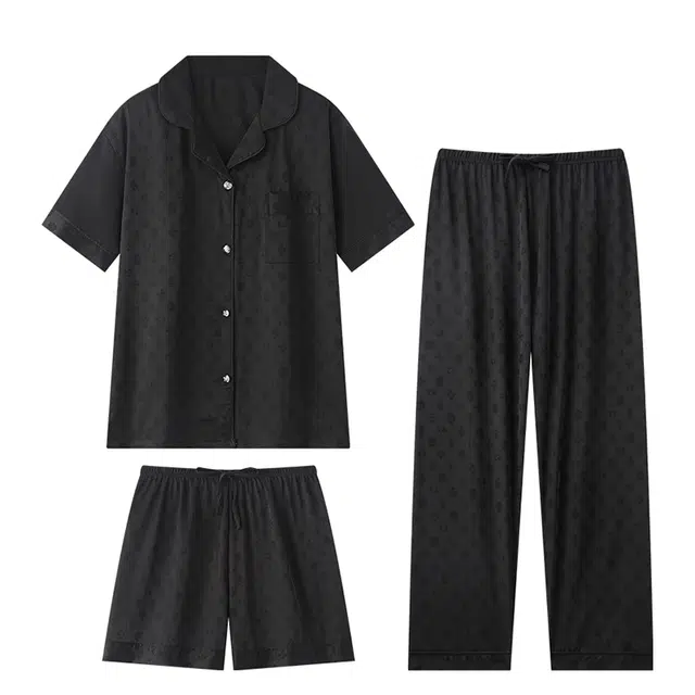 俏韵 翻领高级感提花冰丝凉感短袖长裤三件套家居服可外穿夏季睡衣套装 女款