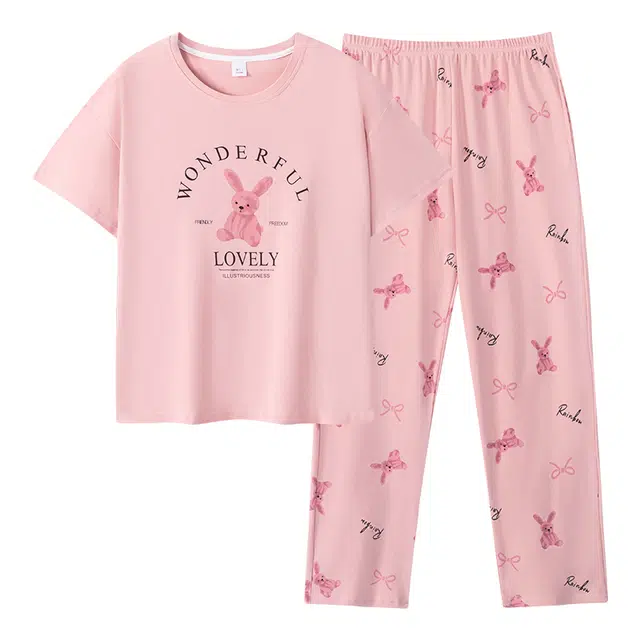 莫代尔 甜美风轻柔宽松显瘦圆领套头休闲舒适亲肤细腻短袖长裤不易起球家居可外穿睡衣套装 女款