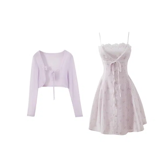 花山家的猫 甜美浪漫夏季蝴蝶结短款吊带连衣裙裙装套装 女款