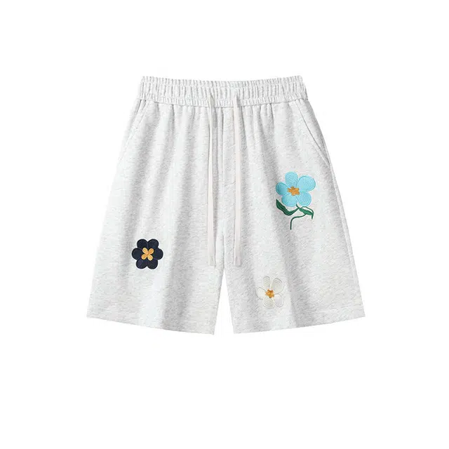 欧路得 美式小花刺绣宽松慵懒风运动五分裤休闲短裤 男款