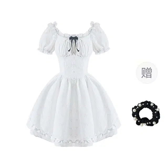 雾闪闪 法式方领泡泡袖甜美可蝴蝶结拼接蕾丝短袖连衣裙 女款