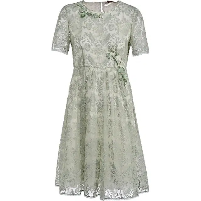 粉红玛琍 简约时尚刺绣圆领气质通勤短袖连衣裙 女款