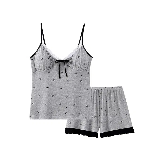 俏韵 带胸垫性感无袖吊带短裤蝴蝶结家居服睡衣套装 女款