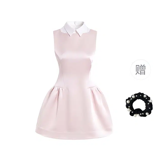 雾闪闪 甜美气质温柔光泽感缎面背心收腰显瘦衬衫领假两件无袖连衣裙 女款