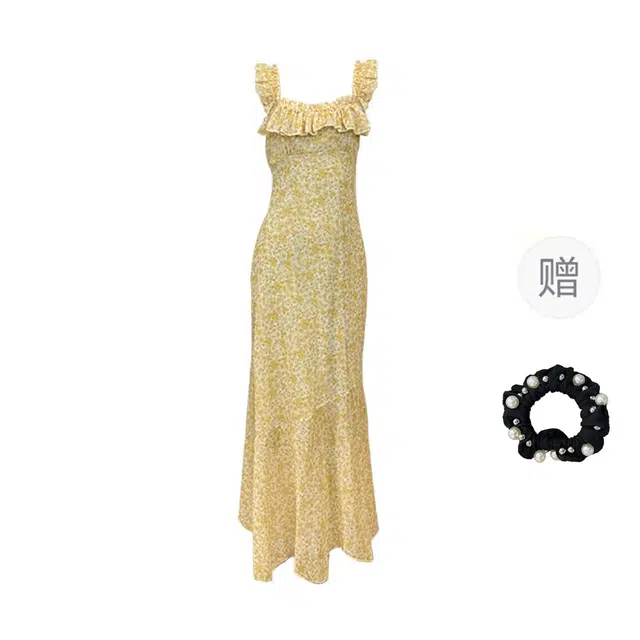 雾闪闪 油画系列法式复古小众高定斜裁中长款印花碎花慵懒感吊带连衣裙 女款