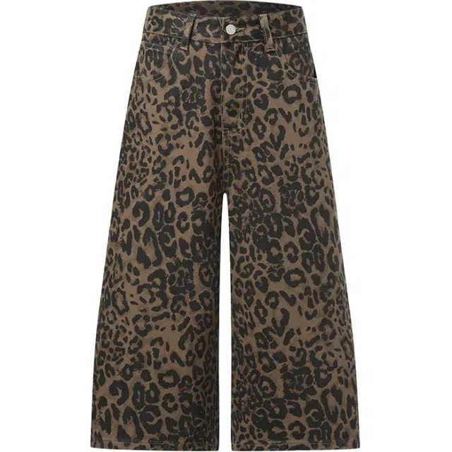 拾籍 美式休闲高腰显瘦七分女夏季辣妹时尚豹纹百搭直筒阔腿裤宽松牛仔短裤 女款