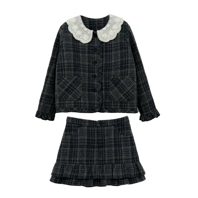 米米子 马德里恋曲小香格纹毛呢外套百褶短裙裙装套装 女款