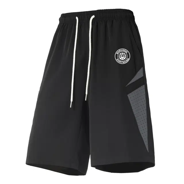 普鲁士多特蒙德 美式复古街头简约拼接撞色设计字母队徽潮牌印花宽松舒适百搭时尚潮流通勤透气凉感吸湿排汗速干抽绳运动五分休闲短裤 男女同款
