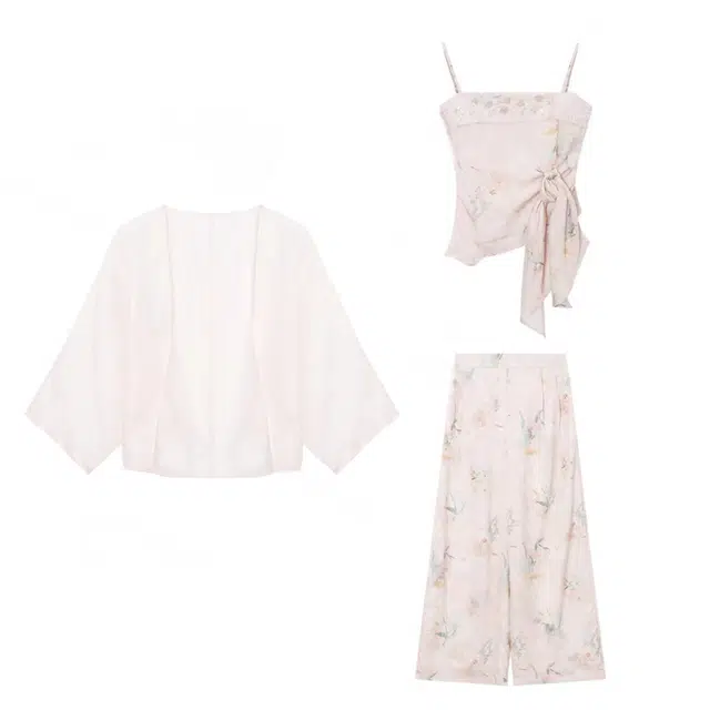 敲模女孩 法式慵懒国风气质玫瑰露提花吊带玫瑰阔腿裤防晒外衫三件套休闲套装 女款