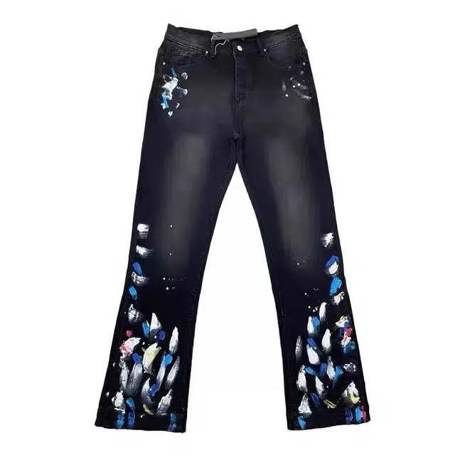 极限涡轮 美式复古泼墨潮牌高街涂鸦百搭痞帅微喇牛仔裤 男女同款