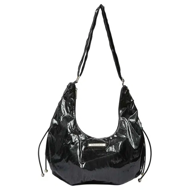 三福 褶皱反光金属感 织物 单肩包 中号 女款 黑色/银白色