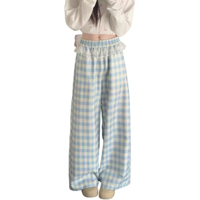 花蔓色 复古美式韩系甜美风格蕾丝拼接格子阔腿直筒通勤百搭慵懒风裤子休闲裤 女款