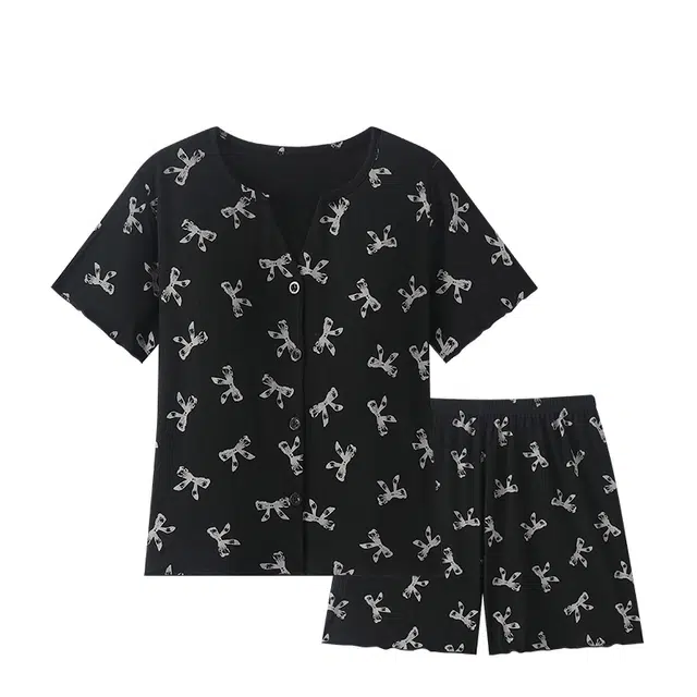 俏韵 冰丝螺纹蝴蝶结短袖三分裤开衫家居服可外穿夏季睡衣套装 女款