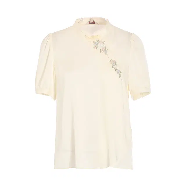 粉红玛琍 中式风纯色短袖立领通勤衬衫 女款