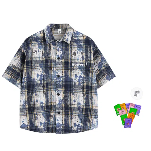 梓润格 美式休闲复古高街户外宽松短袖扎染刺绣格子五分袖衬衣轻薄外套高级感潮流港风翻领百搭大码痞帅撞色青少年条纹穿搭衬衫 男女同款