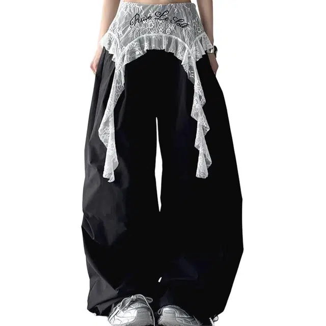 拾个壹先生 蕾丝拼接宽松假两件阔腿工装舒适百搭休闲裤 男女同款