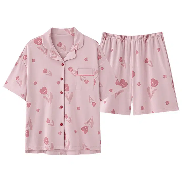 棉购 短袖短裤开衫免穿文胸甜美休闲睡衣套装 女款