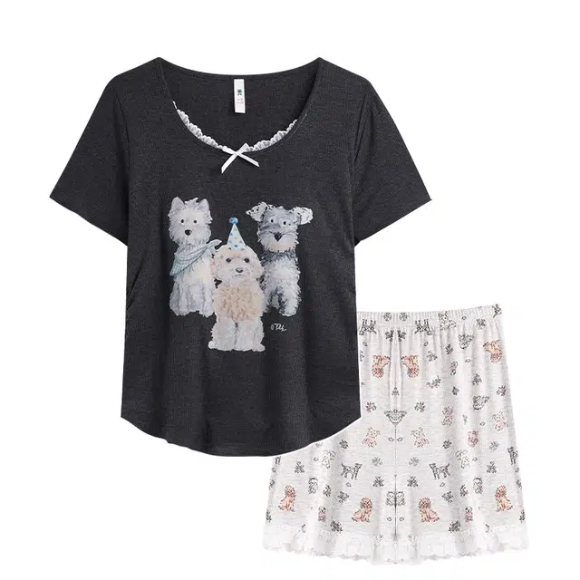 俏韵 圆领甜美短袖三分裤可爱家居服可外穿夏季睡衣套装 女款