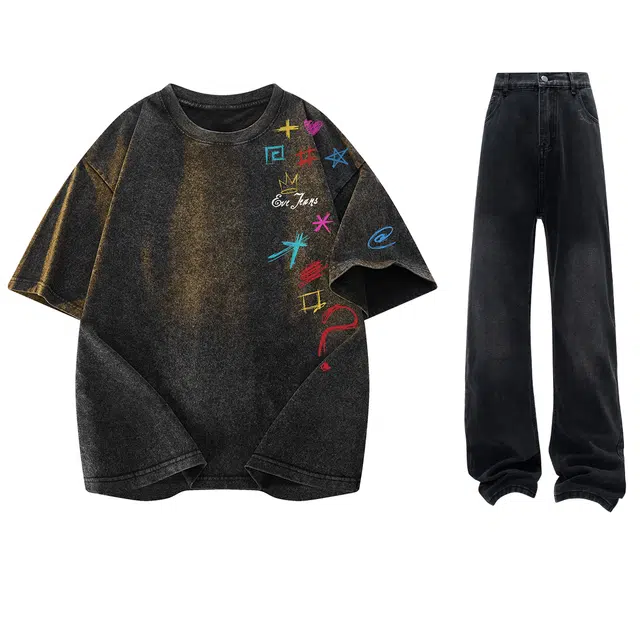 依文 复古设计感水洗做旧质感重磅潮牌手绘简约字母印花纯棉舒适速干透气短袖直筒牛仔裤休闲运动套装 男女同款