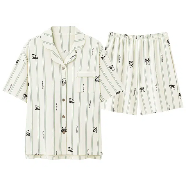 棉购 带胸垫短袖开衫薄款宽松大码可外穿睡衣套装 女款