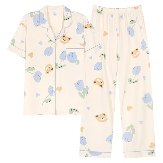 莫代尔 轻盈透气时尚百搭个性翻领开衫纯棉舒适柔软亲肤细腻短袖长裤不易起球家居服可外穿睡衣套装 女款