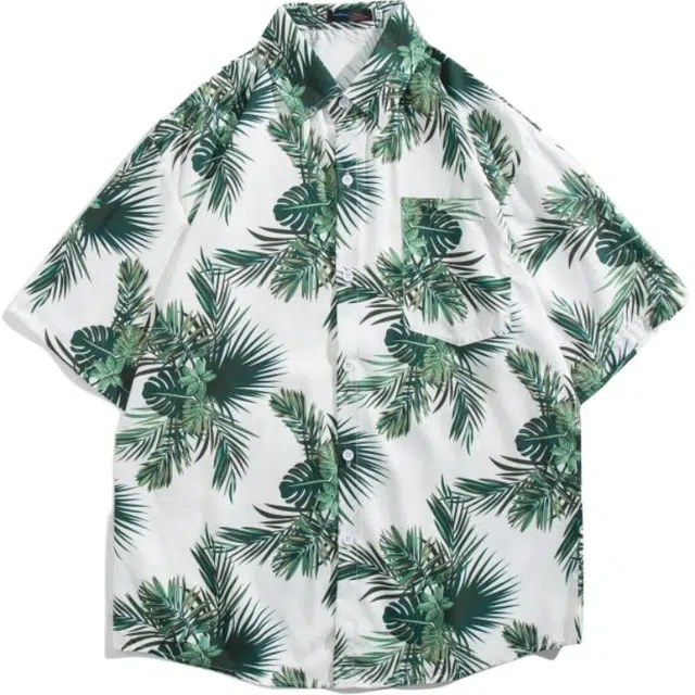 而度 美式经典植物印花夏威夷老钱轻薄宽松休闲百搭时尚简约垂感休闲翻领排扣松弛感无性别主义短袖衬衫 男女同款