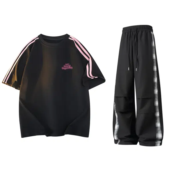 吾皇猫 美式复古高街简约基础款学院风经典条纹圆领套头短袖直筒宽松长裤两件套潮流潮牌舒适透气时尚休闲运动套装 男女同款