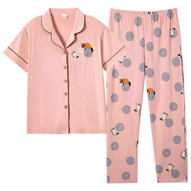 莫代尔 舒适轻柔亲肤细腻百搭翻领开衫纯棉轻盈透气时尚个性短袖长裤不易起球家居服可外穿睡衣套装 女款