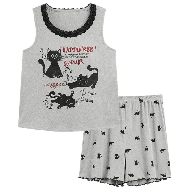 俏韵 圆领卡通风甜美舒适背心套头薄款家居服可外穿夏季睡衣套装 女款