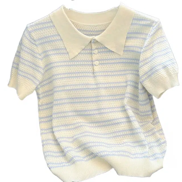 桴生 清新翻领上衣短袖设计感条纹针织衫 女款
