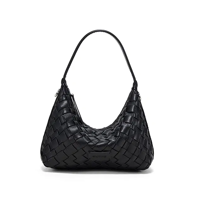 西木汀 久违 高级感小众设计夏日编织松弛斜挎饺子包小个子 合成革 单肩手提包 女款 深邃黑/珍珠白