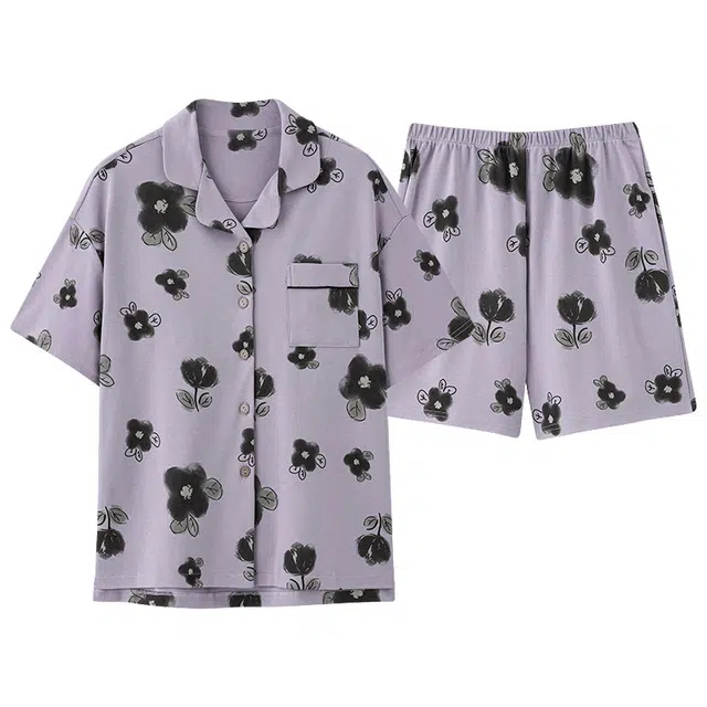 棉购 短袖短裤开衫免穿文胸高级感睡衣套装 女款