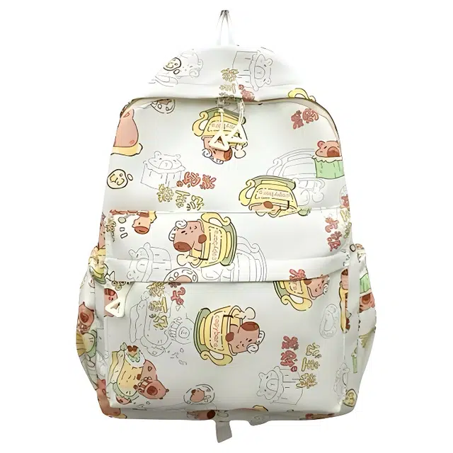 泰格奴 卡皮巴拉水豚初中高中小学生可爱百搭毕业季旅行卡通书包 尼龙布 双肩包 常规 男女同款情侣款 白色/黑色/卡其色/粉红色