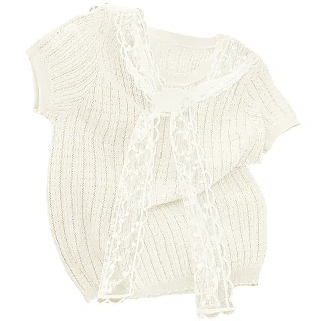 丝柏舍 修身正肩纯色简约风短款套头圆领时髦短袖针织衫 女款