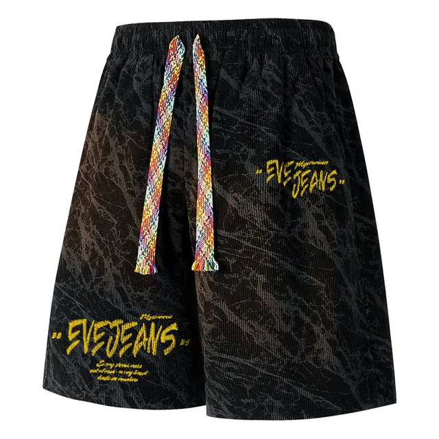 依文 冰丝裤子扎染工艺五分裤美式高街仿刺绣品牌字母印花潮流高级感多彩抽绳沙滩裤简约日常百搭宽松运动休闲短裤 男女同款