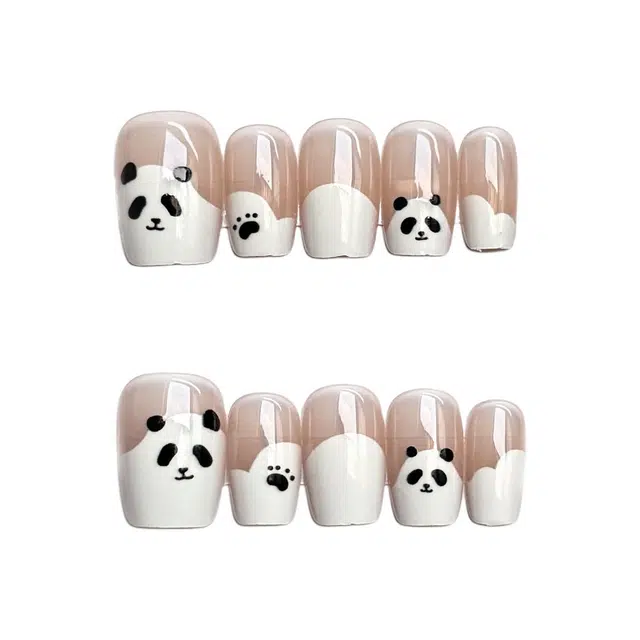 计轩 卡通熊猫粉嫩喷胶 印花工艺温柔超短梯手工美甲  短款黑白晕染 可爱