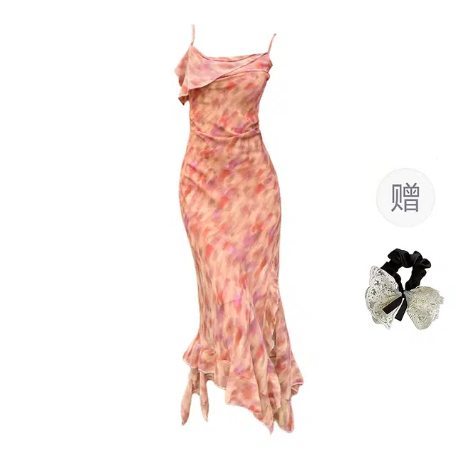 涂诗菲 法式气质荡领碎花不规则设计感荷叶边开叉修身吊带连衣裙 女款