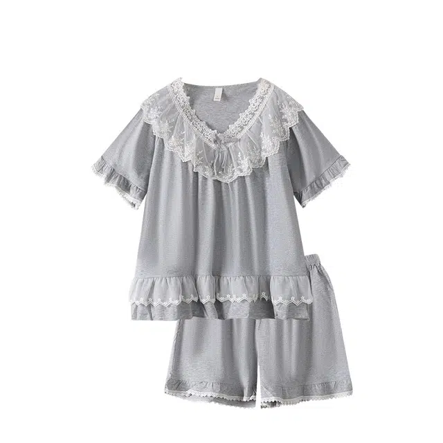 俏韵 韩系可爱蕾丝花边短袖三分裤带胸垫家居服睡衣套装 女款
