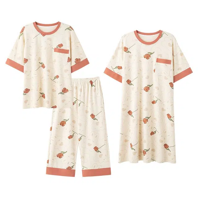 顶瓜瓜 休闲透气舒适简约可外穿三件套家居服夏季睡衣套装 女款