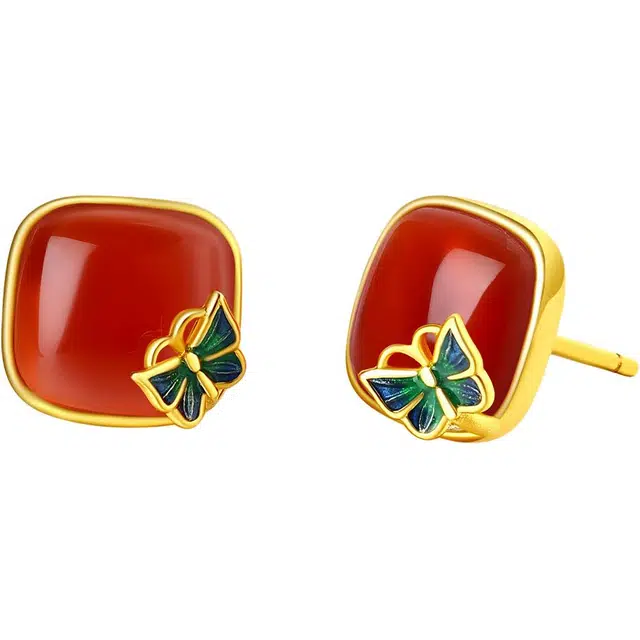 老庙 浪漫方圆蝴蝶小众设计高级感新中式复古#好运 玛瑙 耳钉 女款