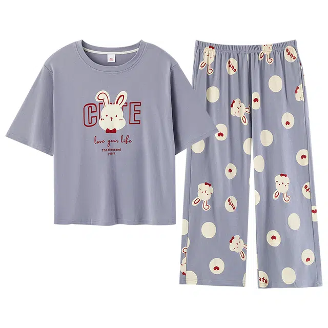 莫代尔 宽松显瘦时尚个性百搭圆领纯棉韩版休闲简约透气短袖七分裤不易起球家居服可外穿睡衣套装 女款