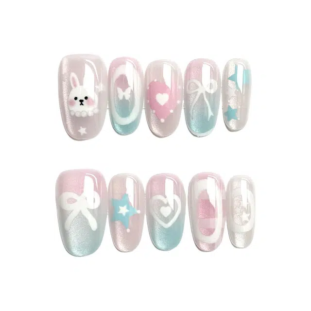 计轩 穿戴甲三分钟美甲可爱小兔蝴蝶结小清新猫眼短椭圆  椭圆粉白晕染 可爱