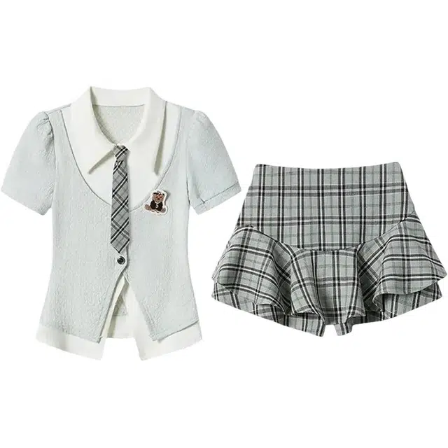 木清清 法式学院风假两件上衣格纹半身裙两件套裙装套装 女款