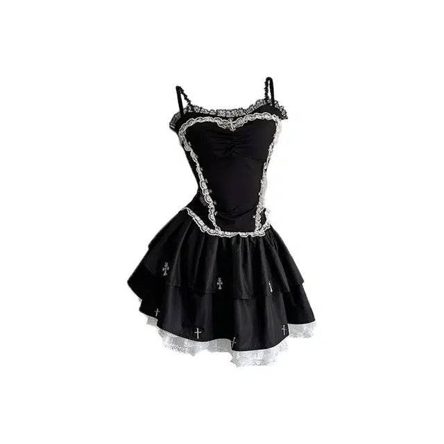 敲模女孩 纯欲风小众设计感收腰修身吊带上衣高腰蕾丝拼接蓬蓬短裙裙装套装 女款