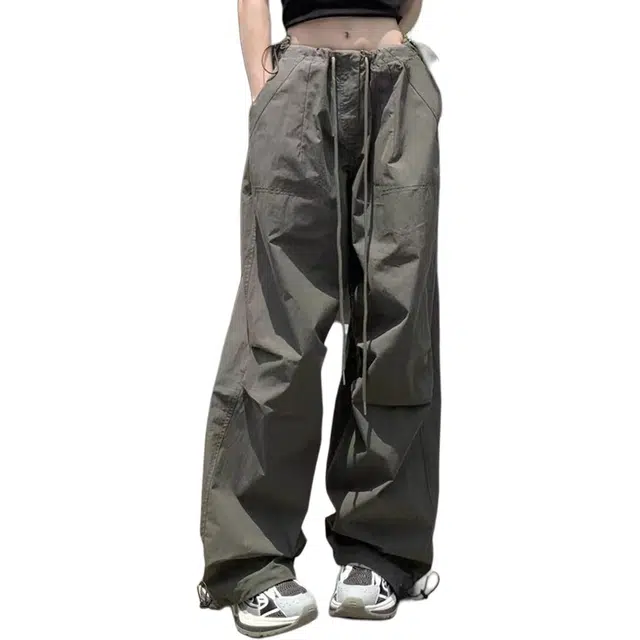徐百货 美式凉感速干降落伞兵裤潮牌高街夏季薄款工装裤子宽松直筒百搭设计感抽绳运动阔腿休闲裤 男女同款