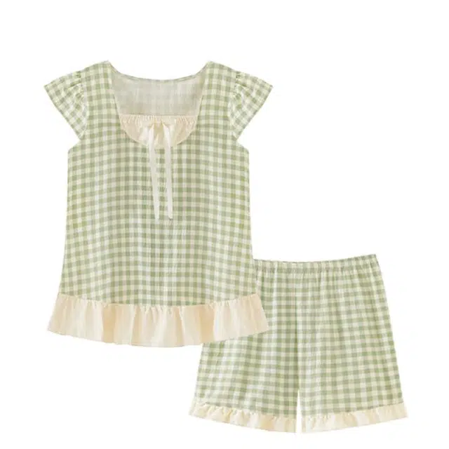 俏韵 方领甜美格子印花舒适家居服可外穿无袖三分裤夏季睡衣套装 女款