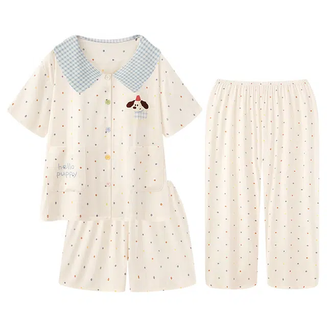 莫代尔 气质休闲简约百搭个性翻领开衫舒适柔软细腻宽松显瘦短袖短裤长裤不易起球家居服可外穿睡衣套装 女款