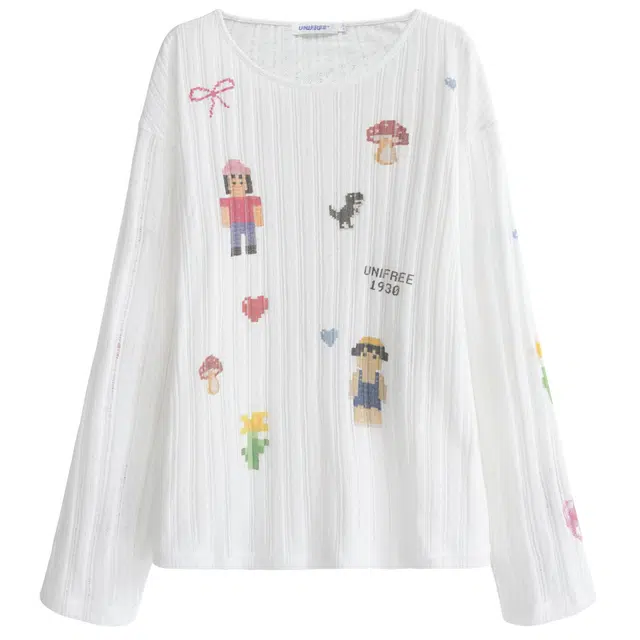 UNIFREE Cute Print Loose Thin Hollow Long Sleeve Tee
