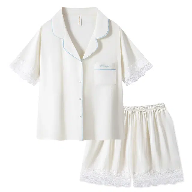 俏韵 翻领蕾丝花边高级感轻奢冰丝短袖超柔软家居服可外穿睡衣套装 女款